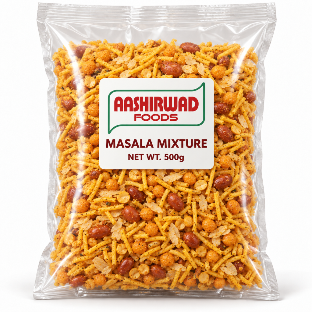 Aashirwad Foods Masala Mixture 500g transparent pouch mockup