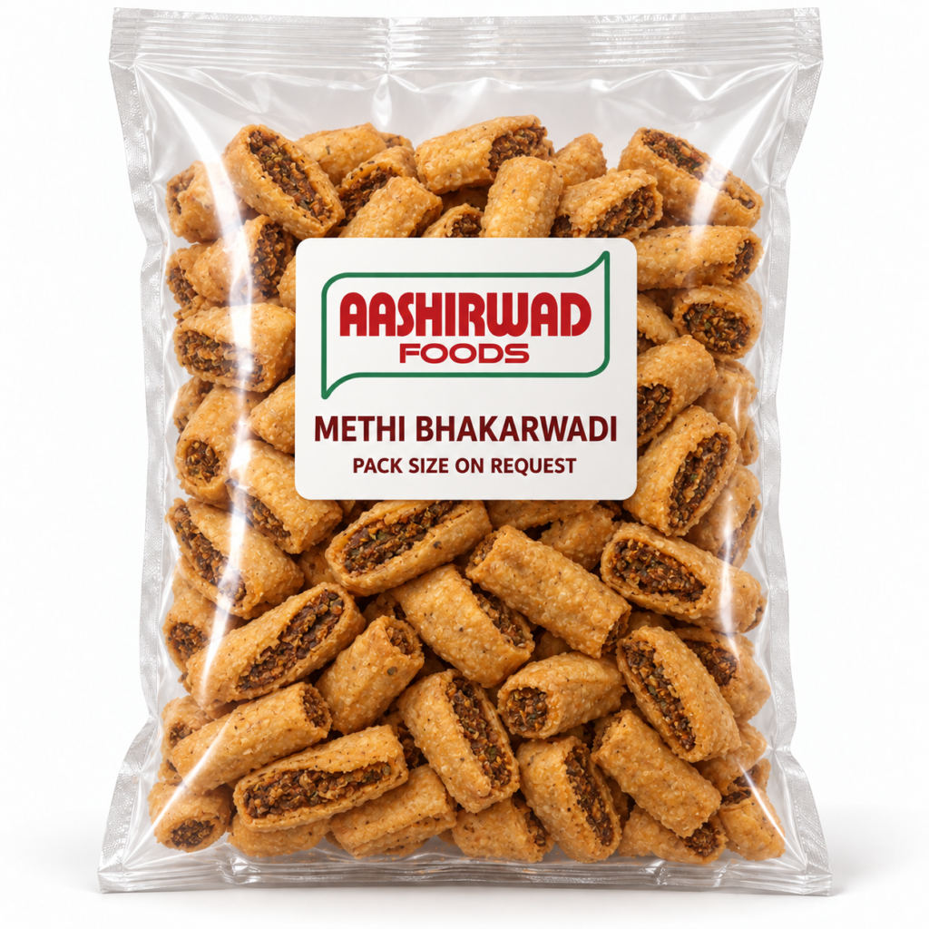 Aashirwad Foods Methi Bhakarwadi Pack size on request transparent pouch mockup