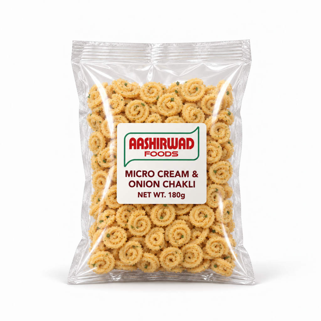 Aashirwad Foods Micro Cream & Onion Chakli 180g transparent pouch mockup