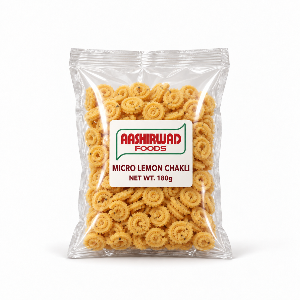 Aashirwad Foods Micro Lemon Chakli 180g transparent pouch mockup