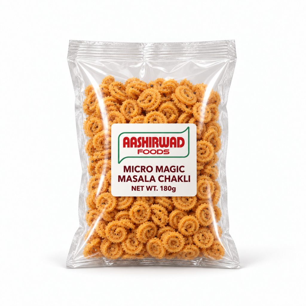 Aashirwad Foods Micro Magic Masala Chakli 180g transparent pouch mockup