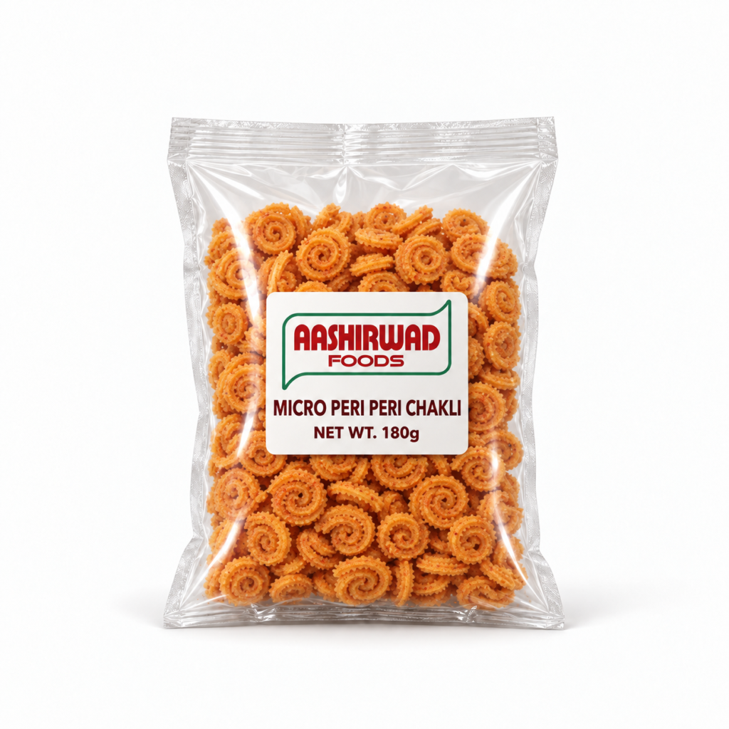 Aashirwad Foods Micro Peri Peri Chakli 180g transparent pouch mockup
