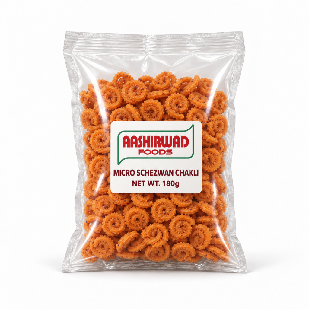 Aashirwad Foods Micro Schezwan Chakli 180g transparent pouch mockup