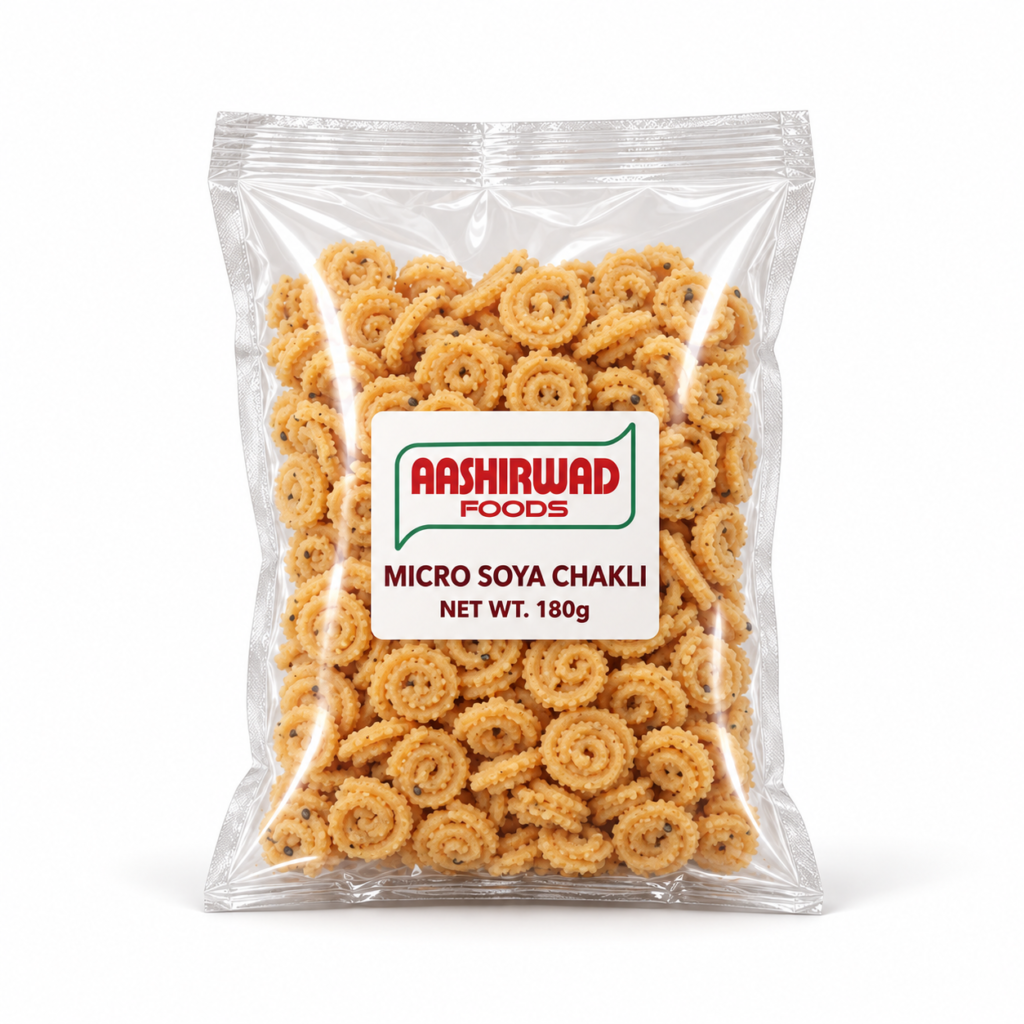 Aashirwad Foods Micro Soya Chakli 180g transparent pouch mockup