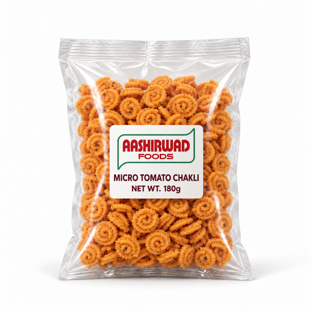 Aashirwad Foods Micro Tomato Chakli 180g transparent pouch mockup