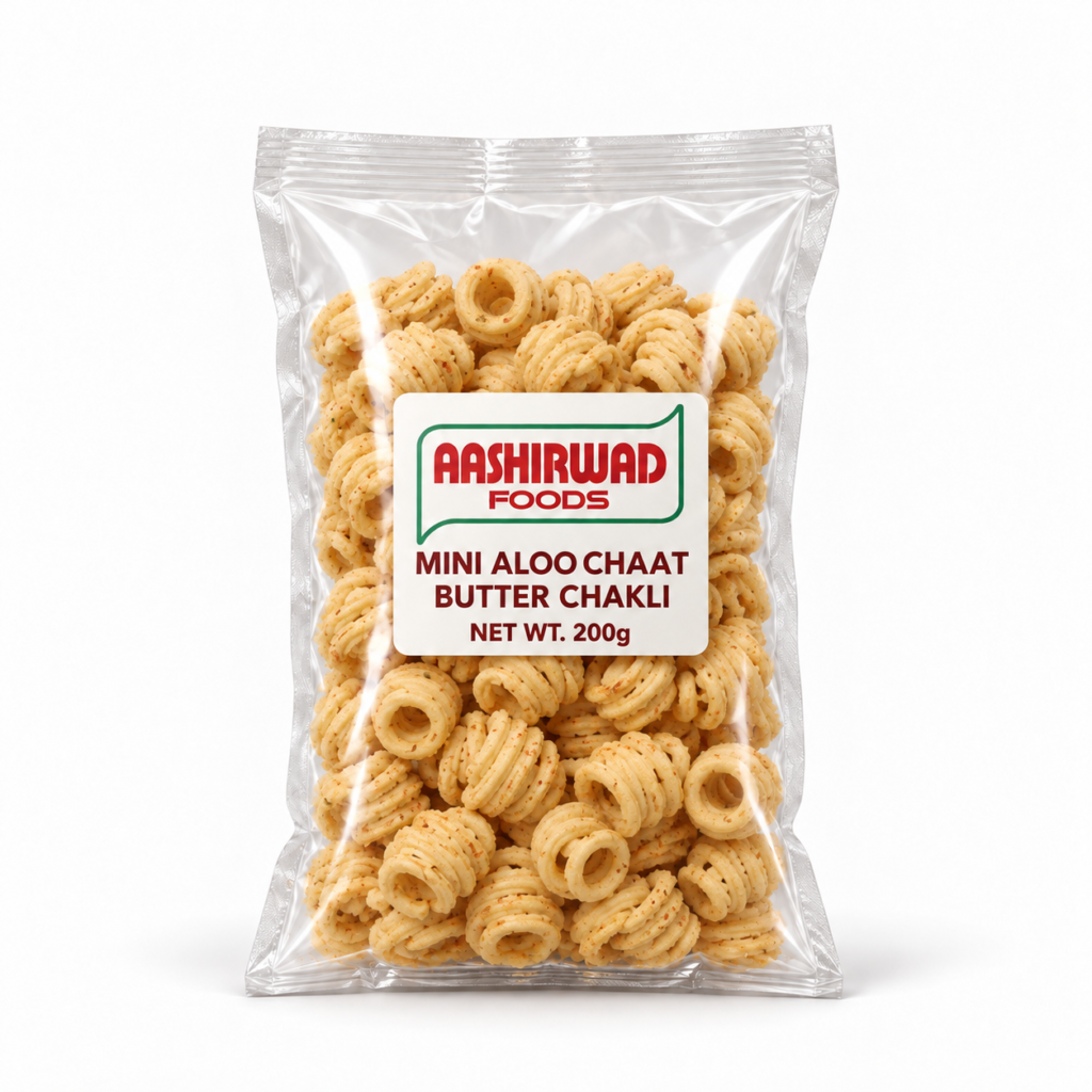 Aashirwad Foods Mini Aloo Chaat Butter Chakli 200g transparent pouch mockup