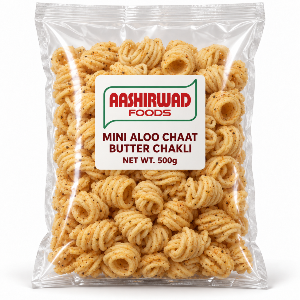 Aashirwad Foods Mini Aloo Chaat Butter Chakli 500g transparent pouch mockup