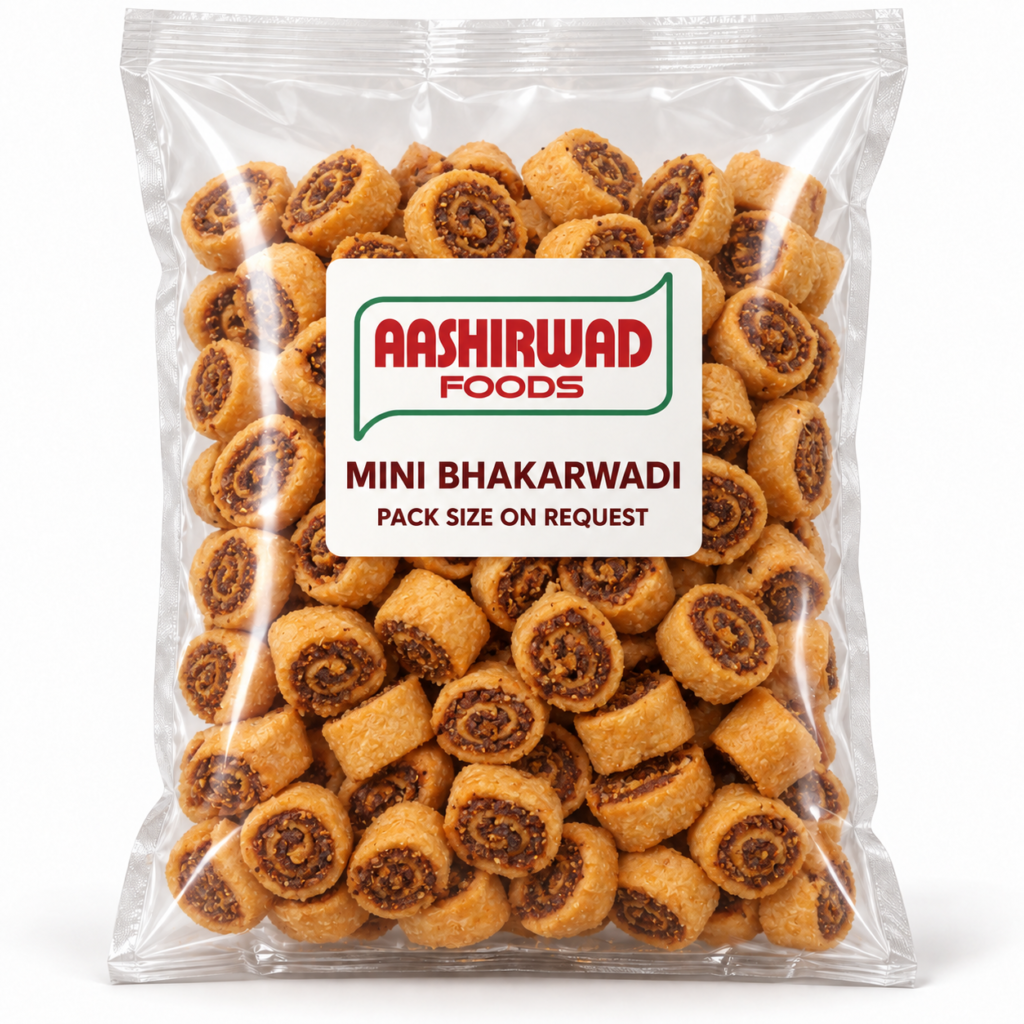 Aashirwad Foods Mini Bhakarwadi Bulk (weight on request) transparent pouch mockup