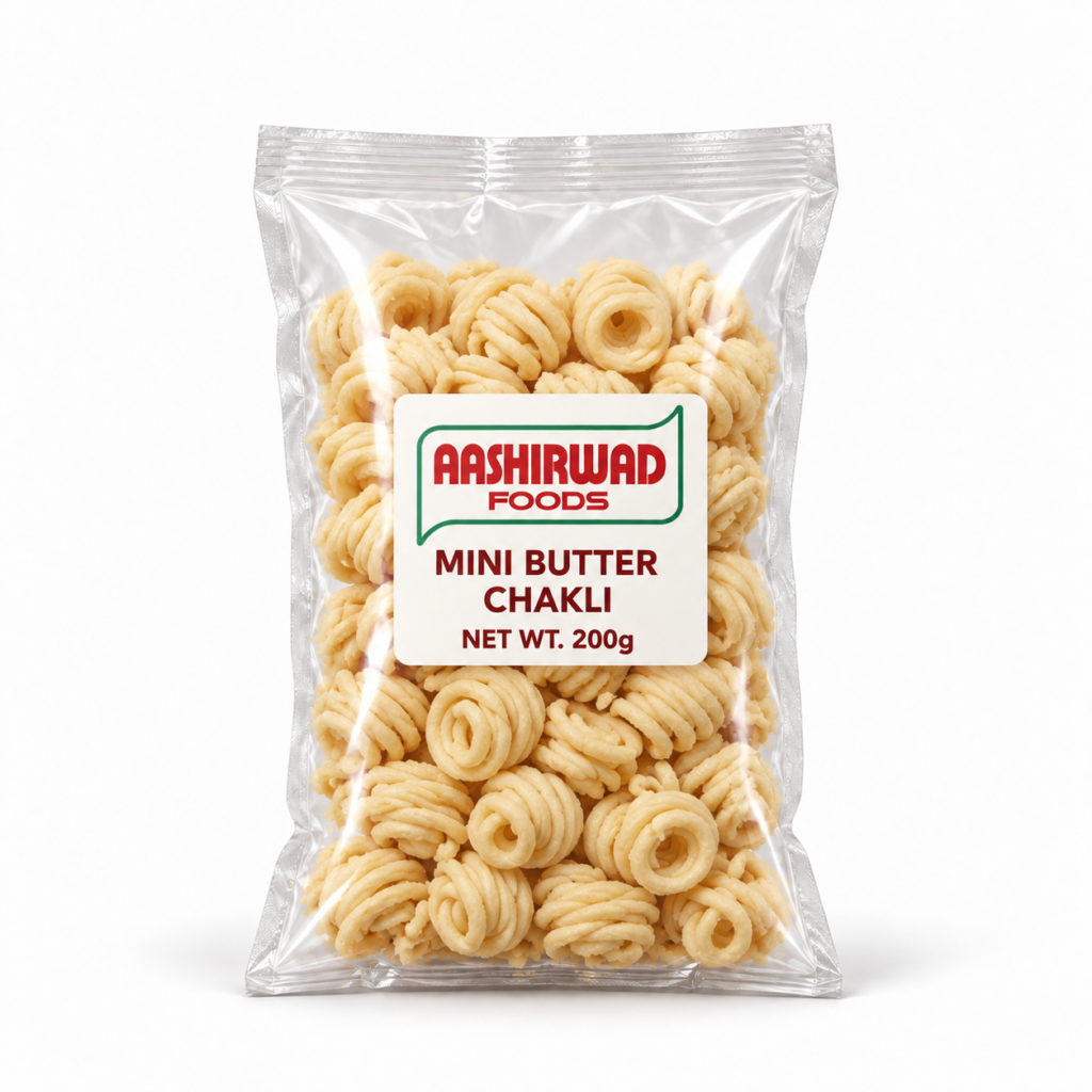 Aashirwad Foods Mini Butter Chakli 200g transparent pouch mockup