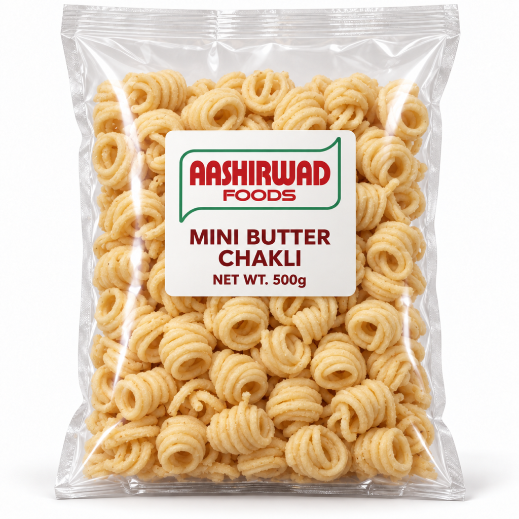 Aashirwad Foods Mini Butter Chakli 500g transparent pouch mockup