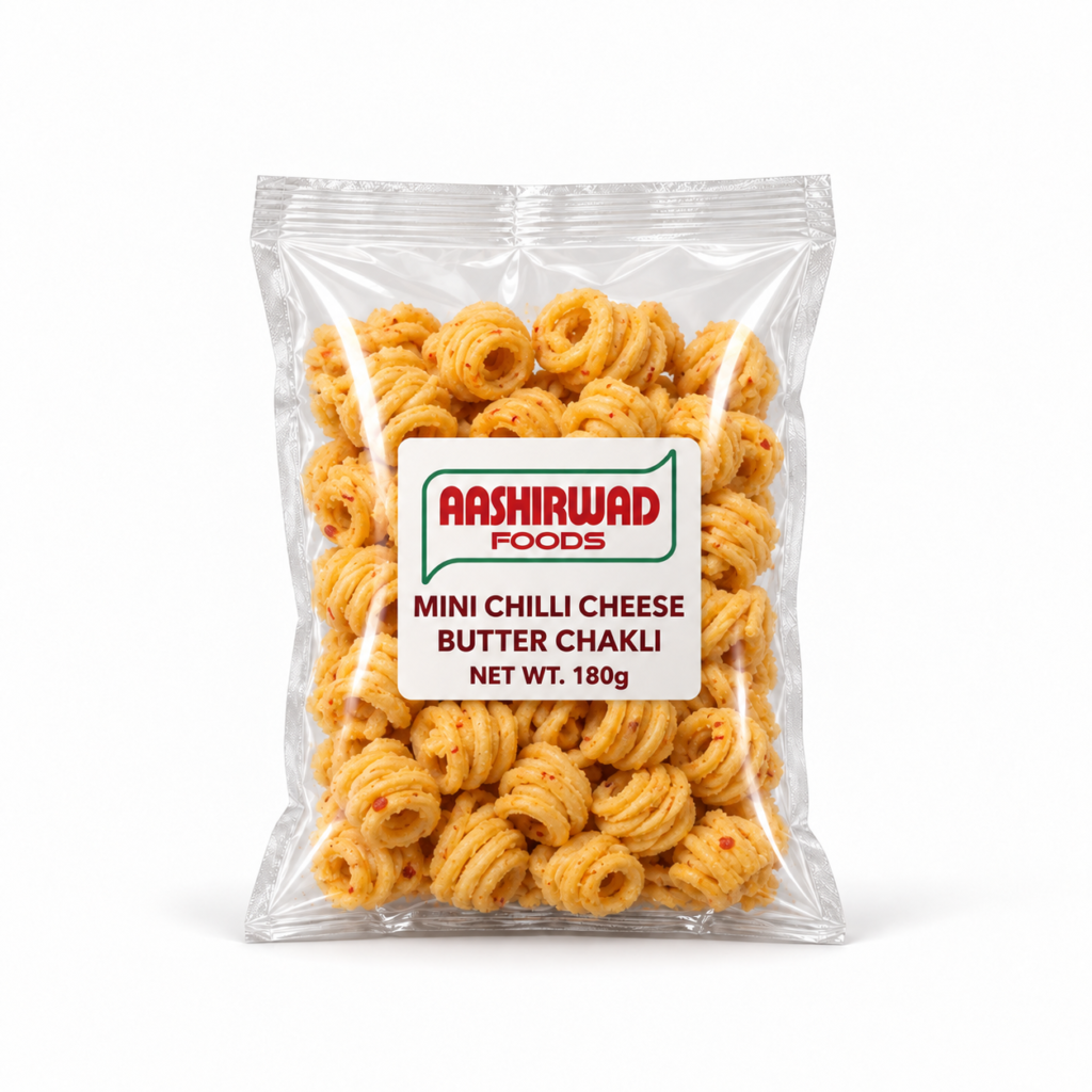 Aashirwad Foods Mini Chilli Cheese Butter Chakli 180g transparent pouch mockup