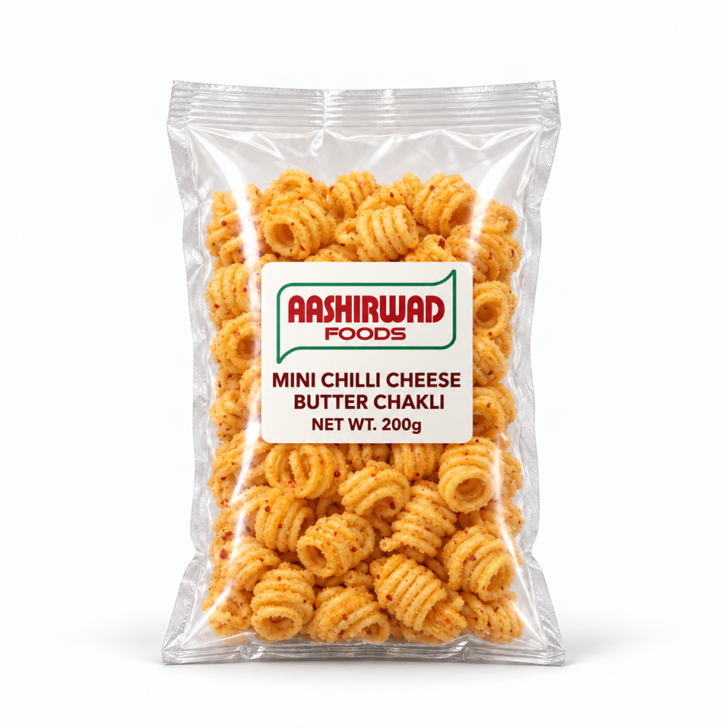 Aashirwad Foods Mini Chilli Cheese Butter Chakli 200g transparent pouch mockup
