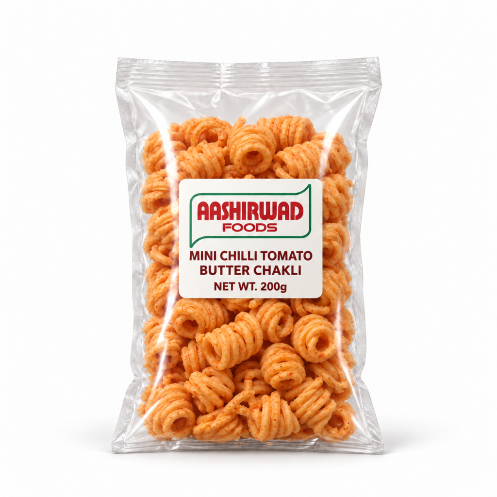 Aashirwad Foods Mini Chilli Tomato Butter Chakli 200g transparent pouch mockup