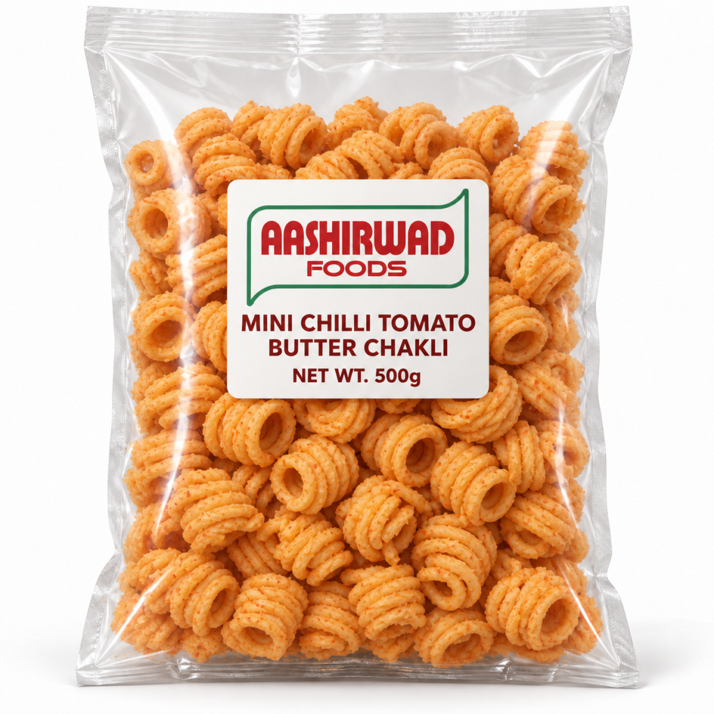 Aashirwad Foods Mini Chilli Tomato Butter Chakli 500g transparent pouch mockup