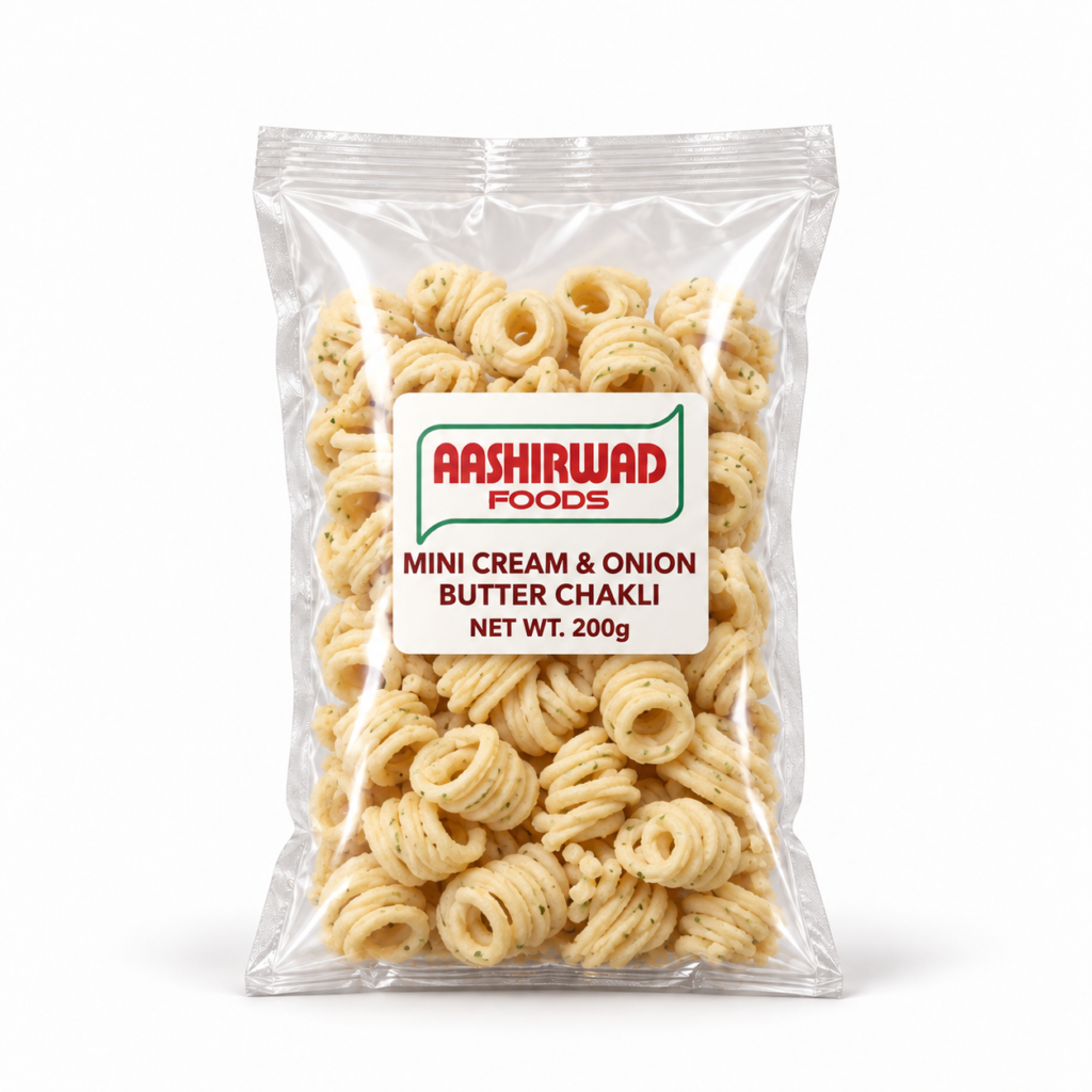 Aashirwad Foods Mini Cream & Onion Butter Chakli 200g transparent pouch mockup