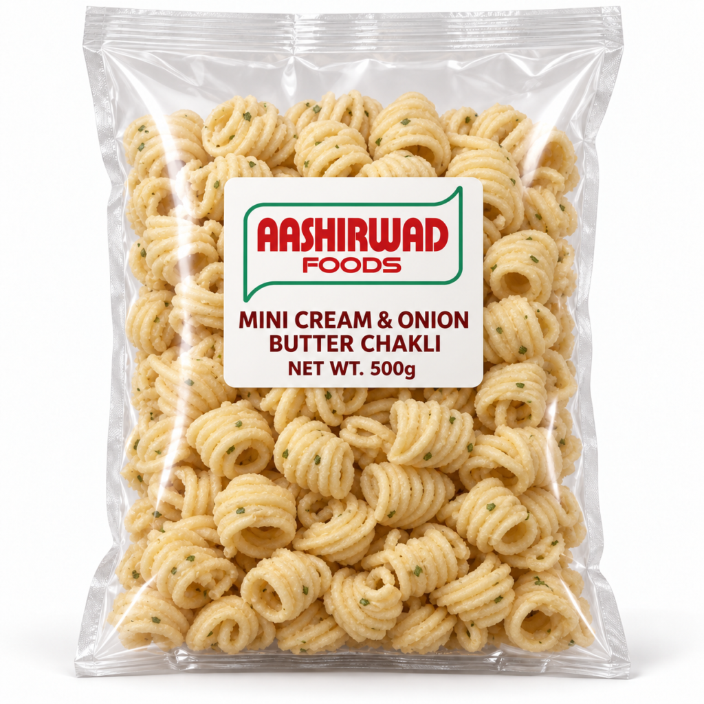 Aashirwad Foods Mini Cream & Onion Butter Chakli 500g transparent pouch mockup