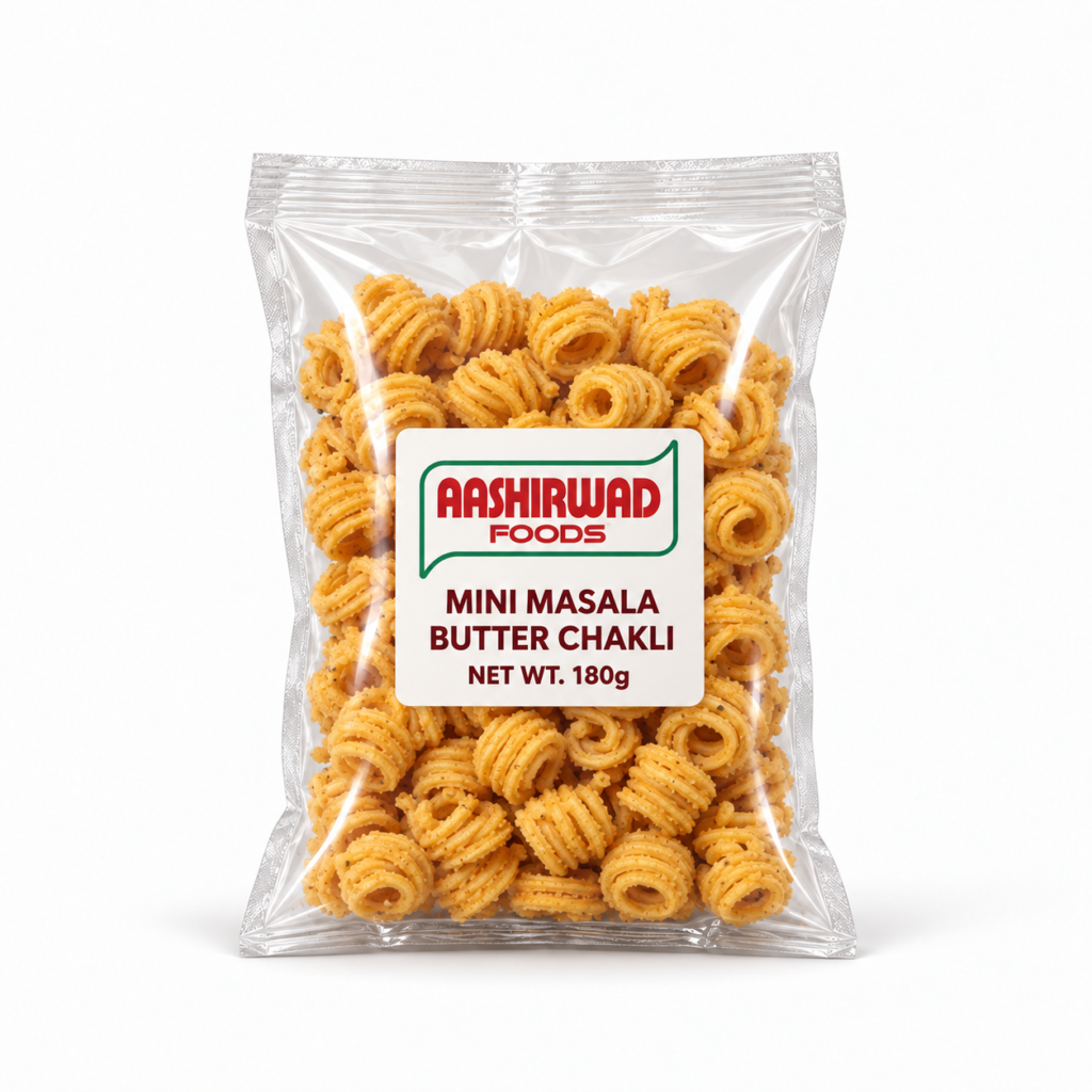 Aashirwad Foods Mini Masala Butter Chakli 180g transparent pouch mockup