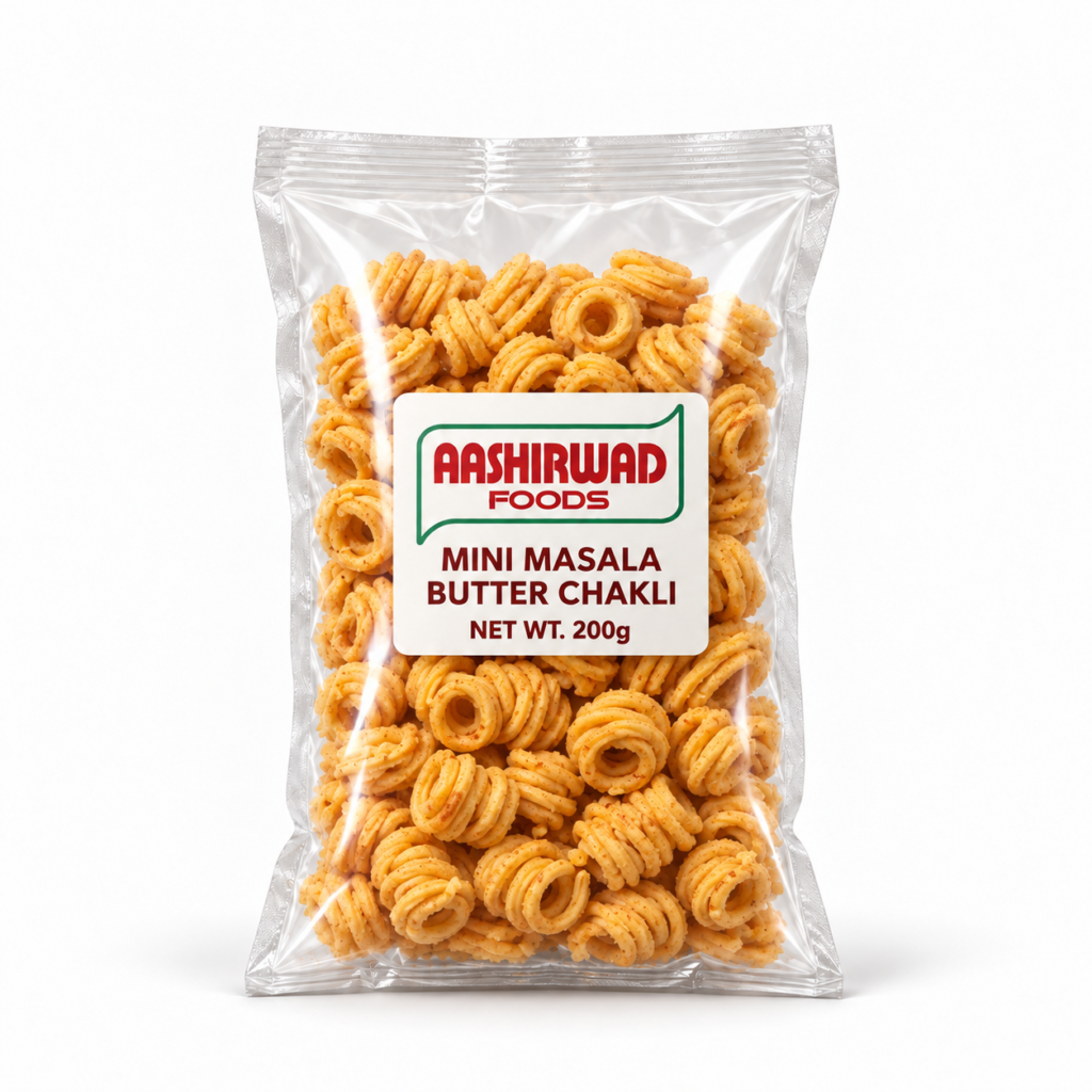 Aashirwad Foods Mini Masala Butter Chakli 200g transparent pouch mockup