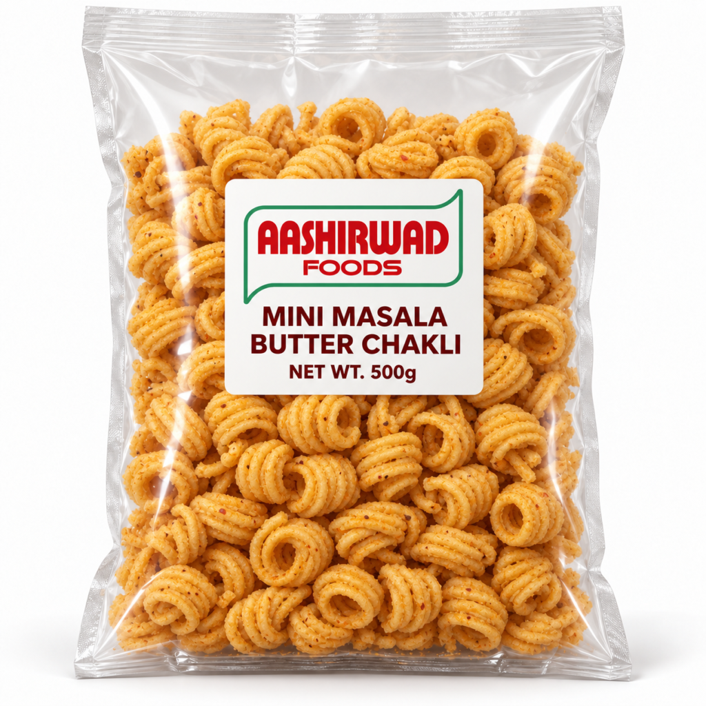 Aashirwad Foods Mini Masala Butter Chakli 500g transparent pouch mockup