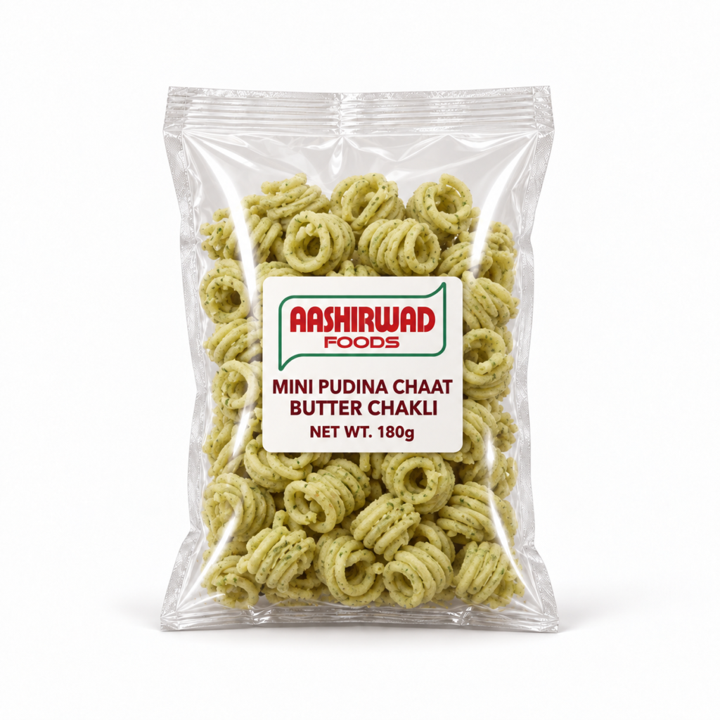 Aashirwad Foods Mini Pudina Chaat Butter Chakli 180g transparent pouch mockup