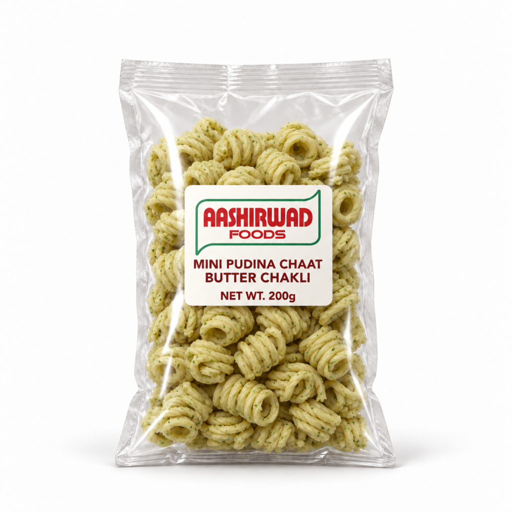 Aashirwad Foods Mini Pudina Chaat Butter Chakli 200g transparent pouch mockup