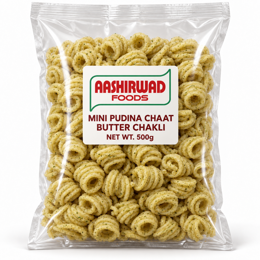 Aashirwad Foods Mini Pudina Chaat Butter Chakli 500g transparent pouch mockup
