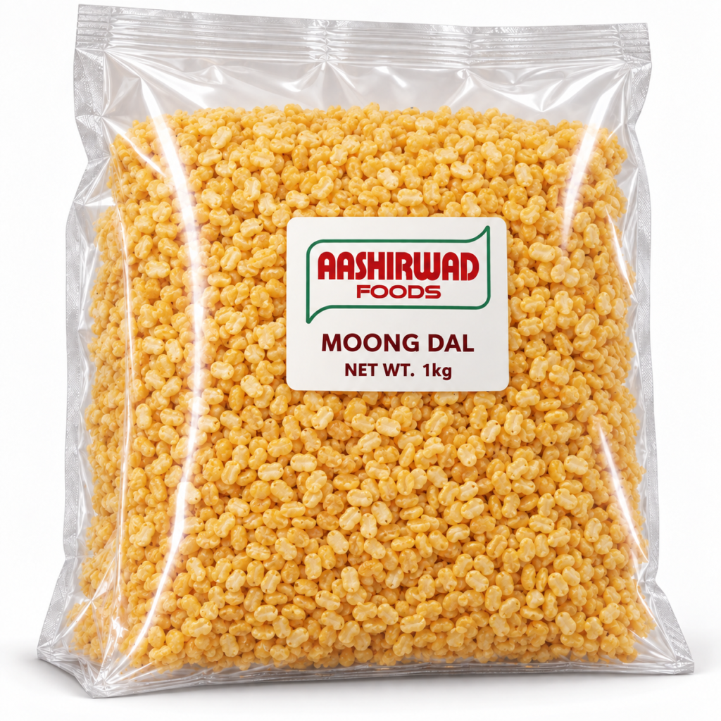 Aashirwad Foods Moong Dal 1kg transparent pouch mockup