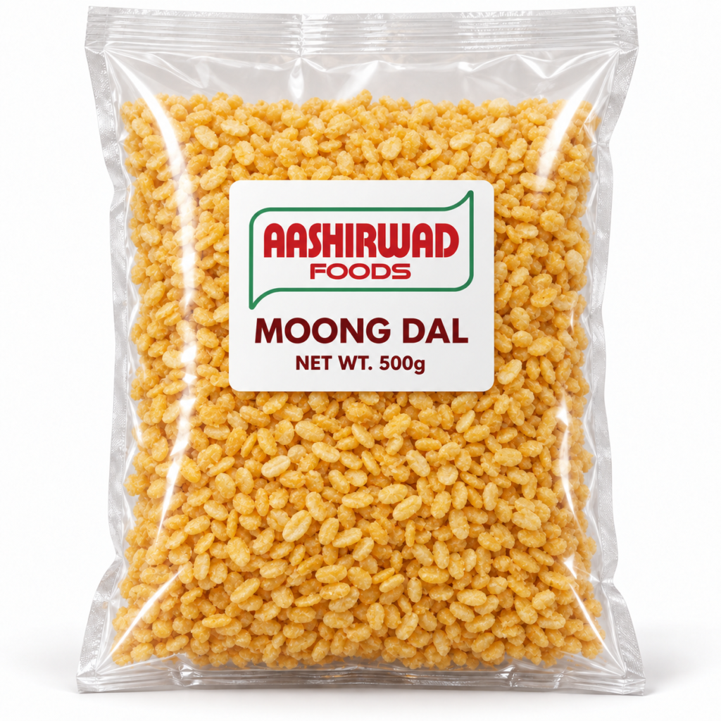 Aashirwad Foods Moong Dal 500g transparent pouch mockup