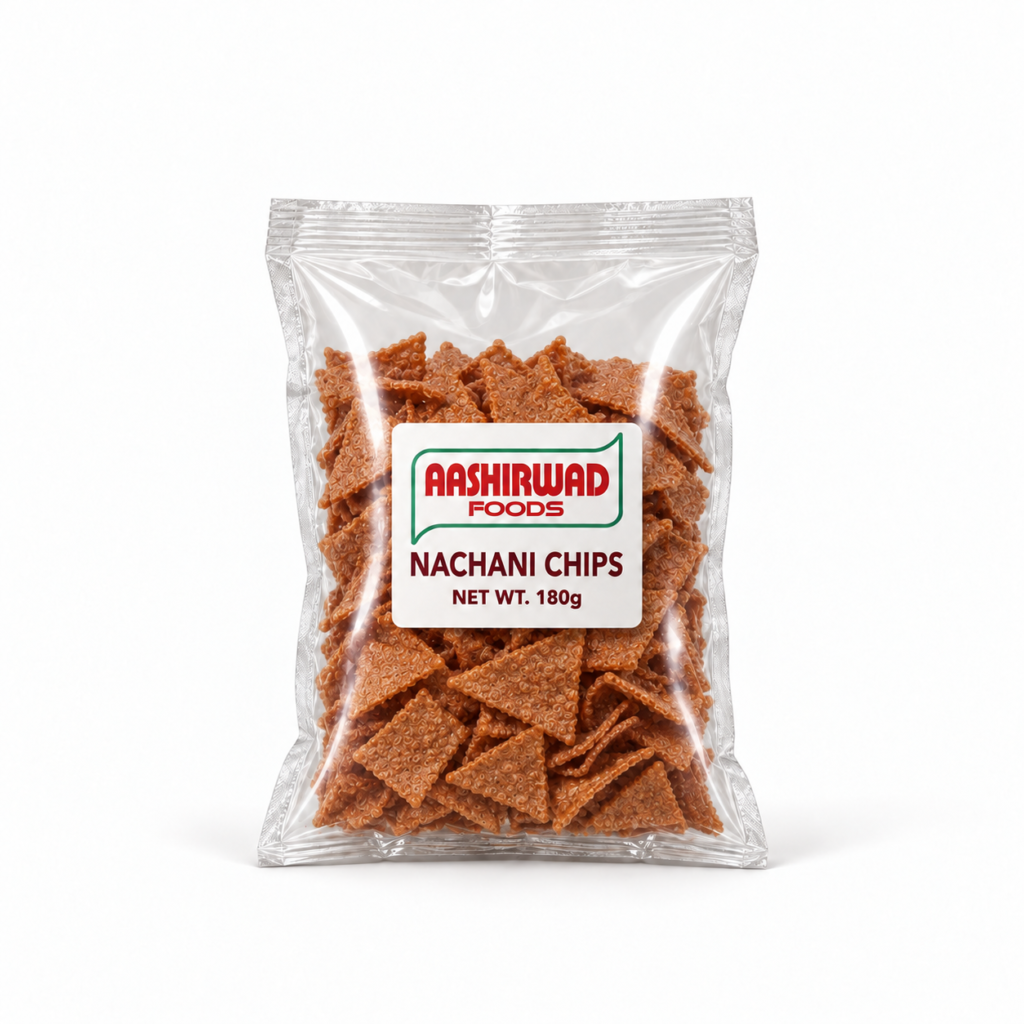 Aashirwad Foods Nachani Chips 180g transparent pouch mockup