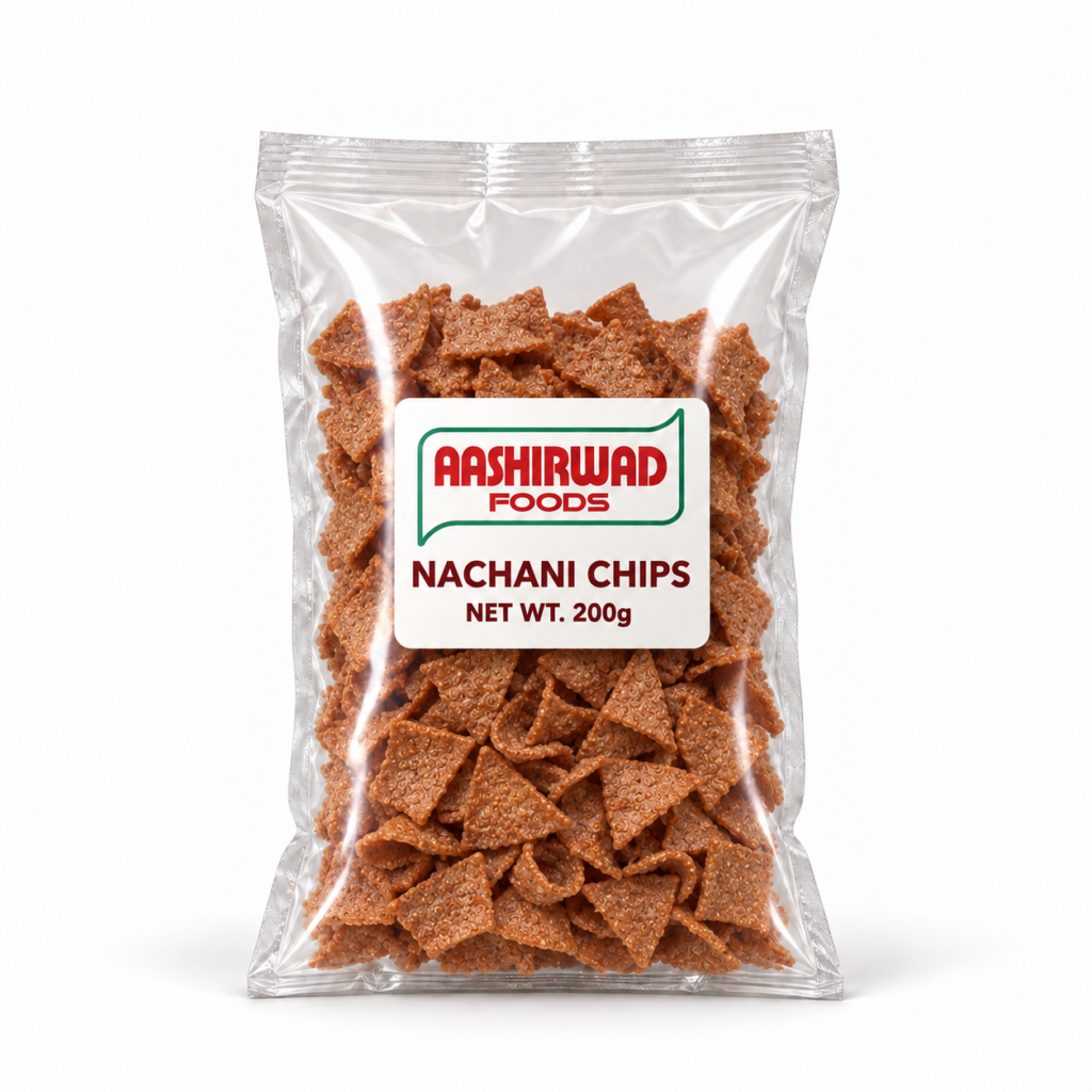 Aashirwad Foods Nachani Chips 200g transparent pouch mockup