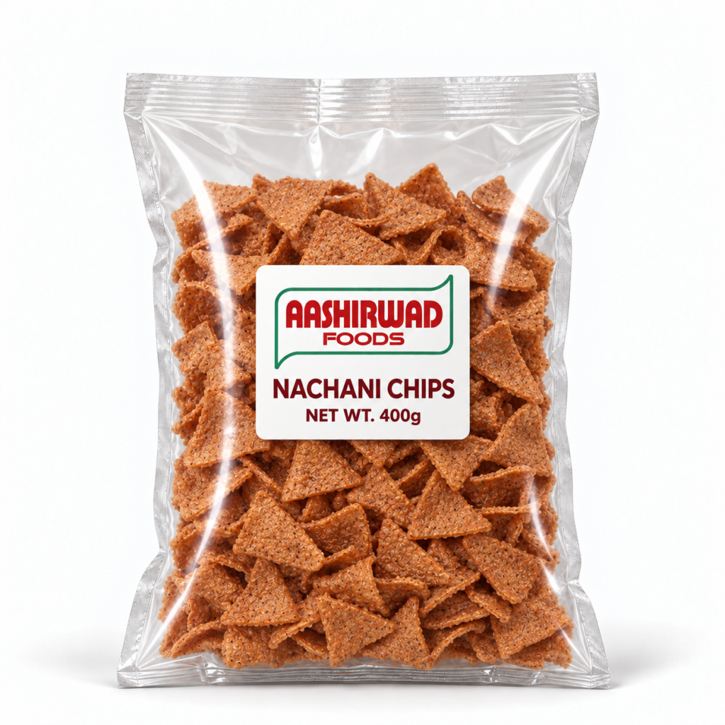 Aashirwad Foods Nachani Chips 400g transparent pouch mockup