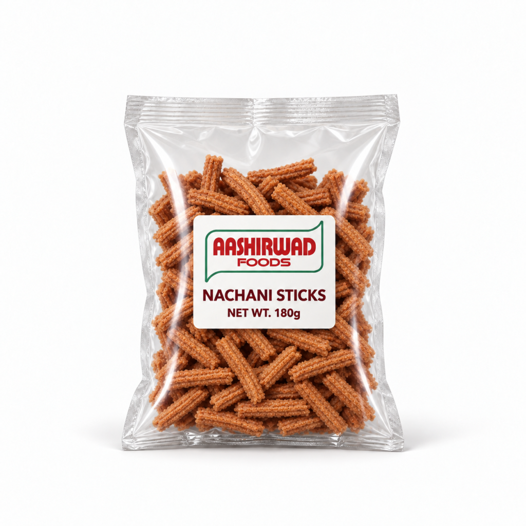 Aashirwad Foods Nachani Sticks 180g transparent pouch mockup