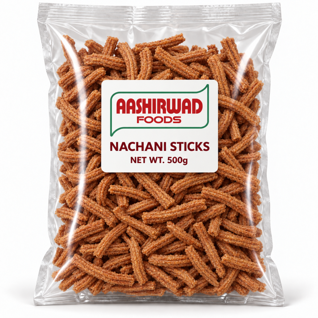 Aashirwad Foods Nachani Sticks 500g transparent pouch mockup