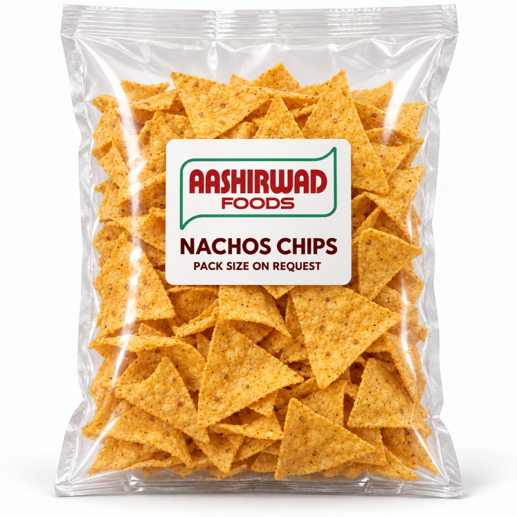 Aashirwad Foods Nachos Chips Pack size on request transparent pouch mockup