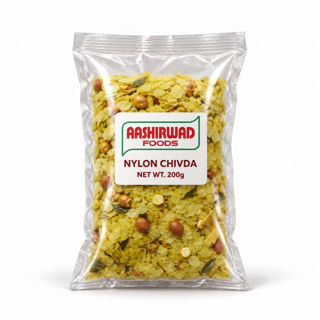 Aashirwad Foods Nylon Chivda 200g transparent pouch mockup
