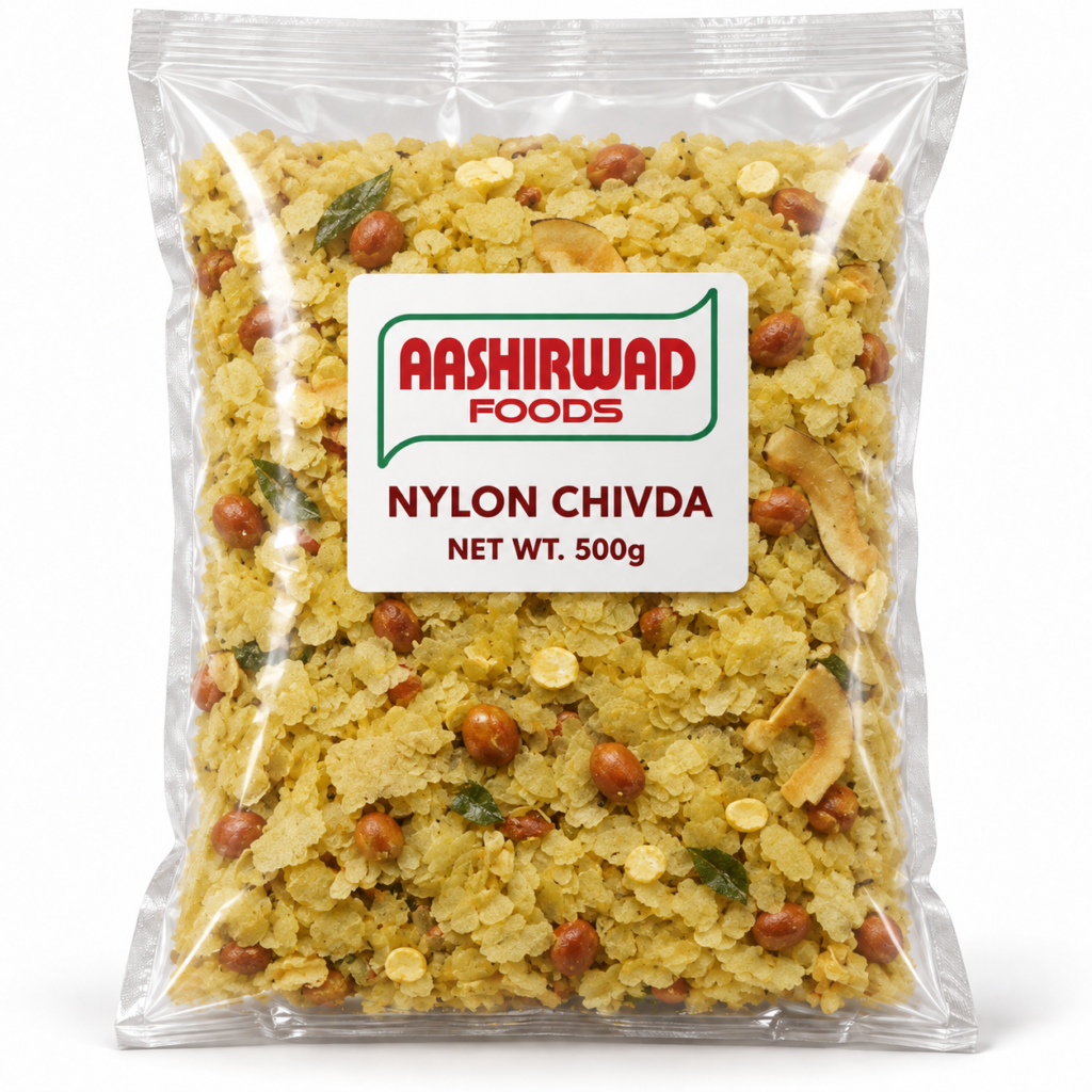 Aashirwad Foods Nylon Chivda 500g transparent pouch mockup
