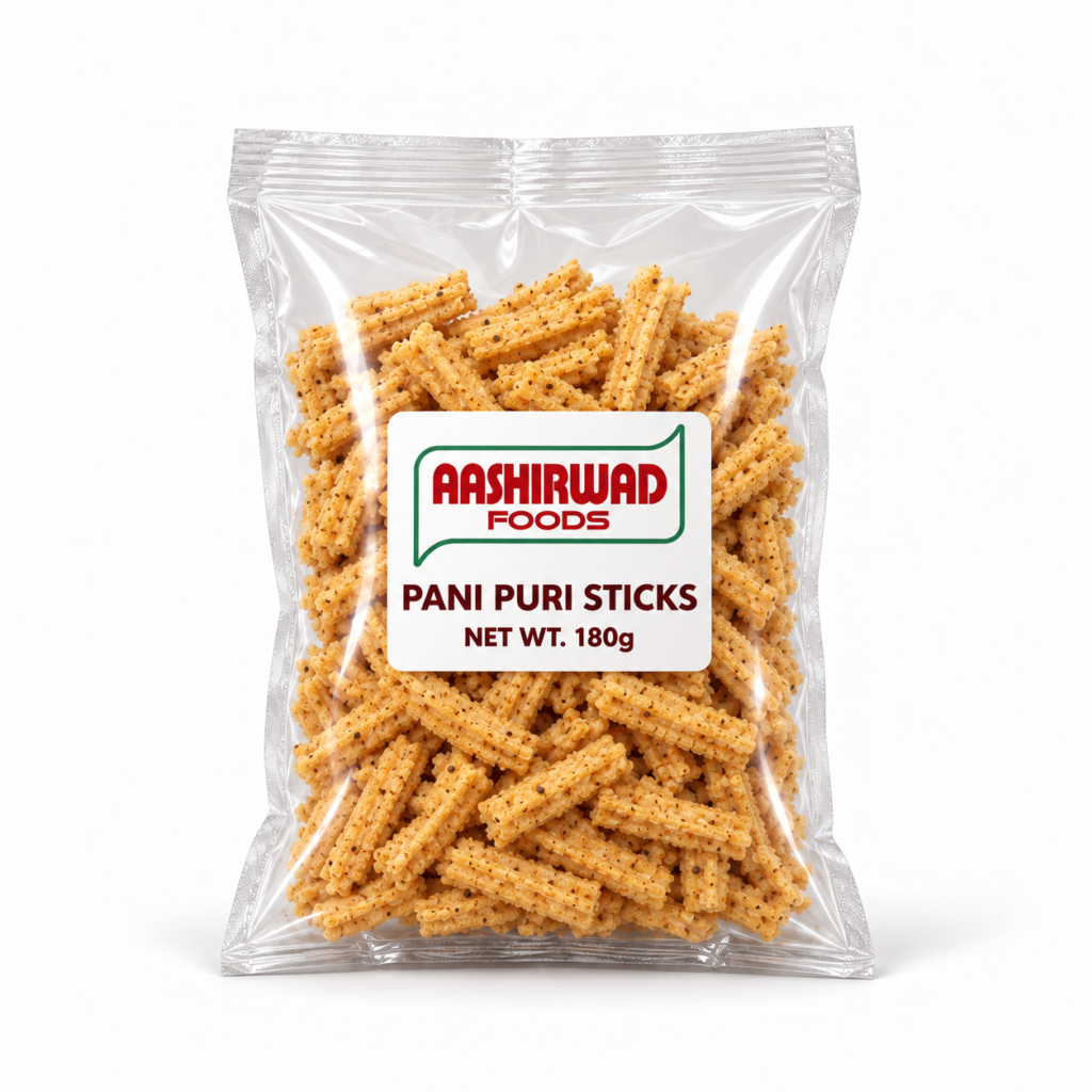 Aashirwad Foods Pani Puri Sticks 180g transparent pouch mockup