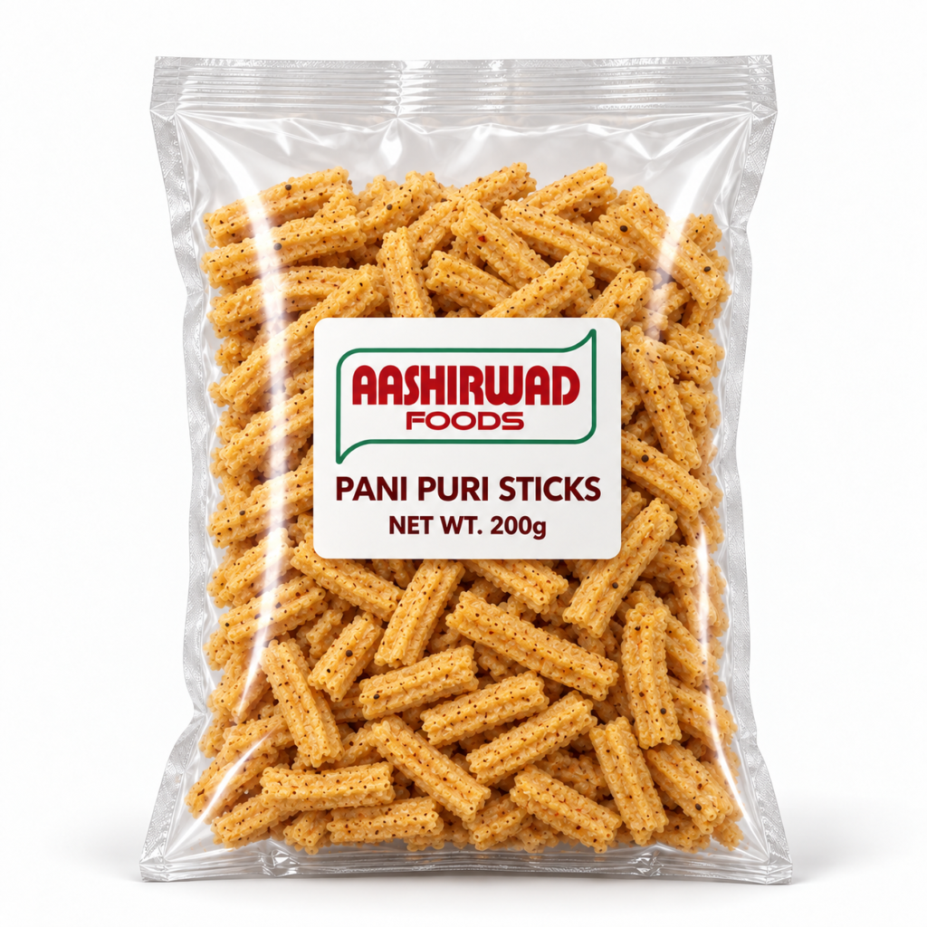 Aashirwad Foods Pani Puri Sticks 200g transparent pouch mockup