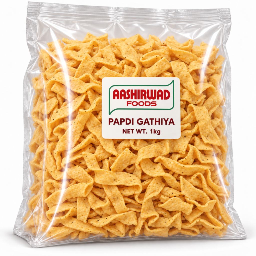 Aashirwad Foods Papdi Gathiya 1kg transparent pouch mockup