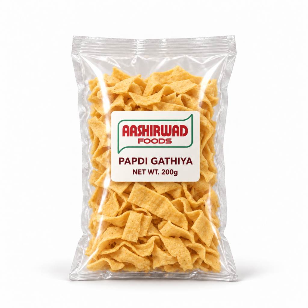 Aashirwad Foods Papdi Gathiya 200g transparent pouch mockup
