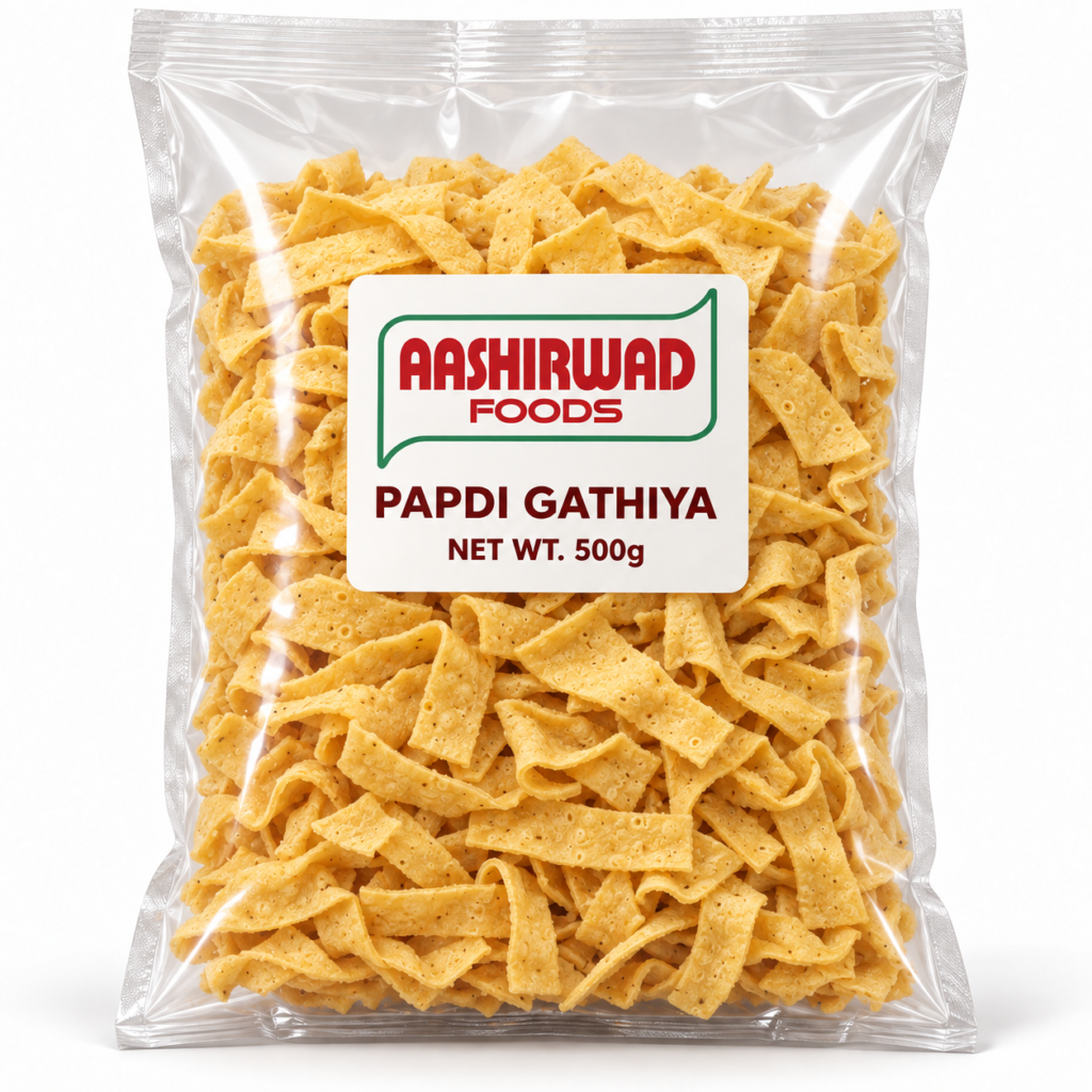 Aashirwad Foods Papdi Gathiya 500g transparent pouch mockup