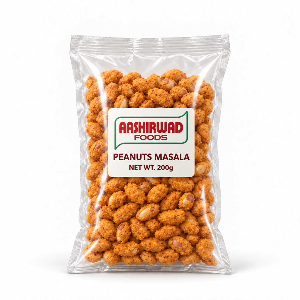 Aashirwad Foods Peanuts Masala 200g transparent pouch mockup