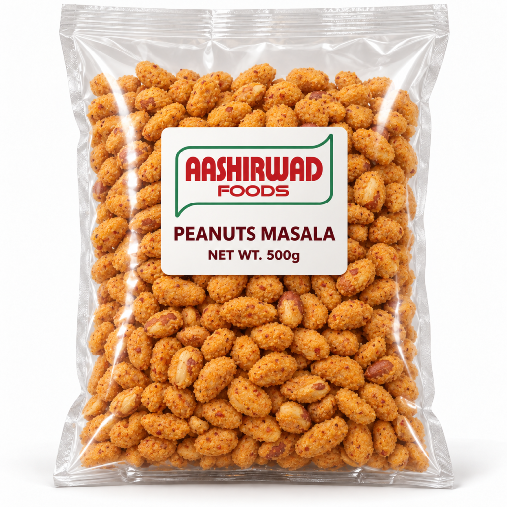 Aashirwad Foods Peanuts Masala 500g transparent pouch mockup