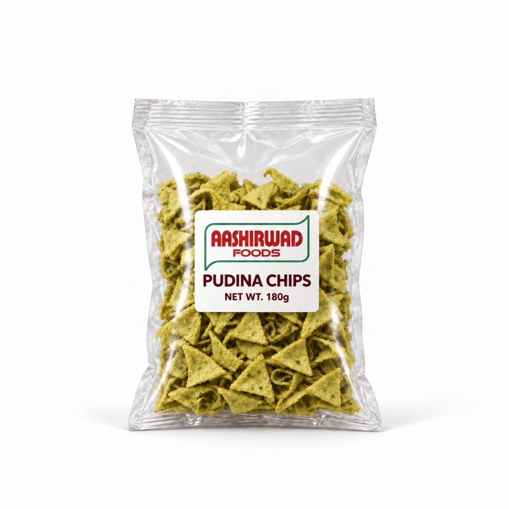 Aashirwad Foods Pudina Chips 180g transparent pouch mockup
