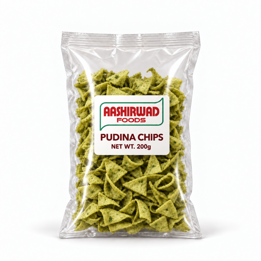 Aashirwad Foods Pudina Chips 200g transparent pouch mockup