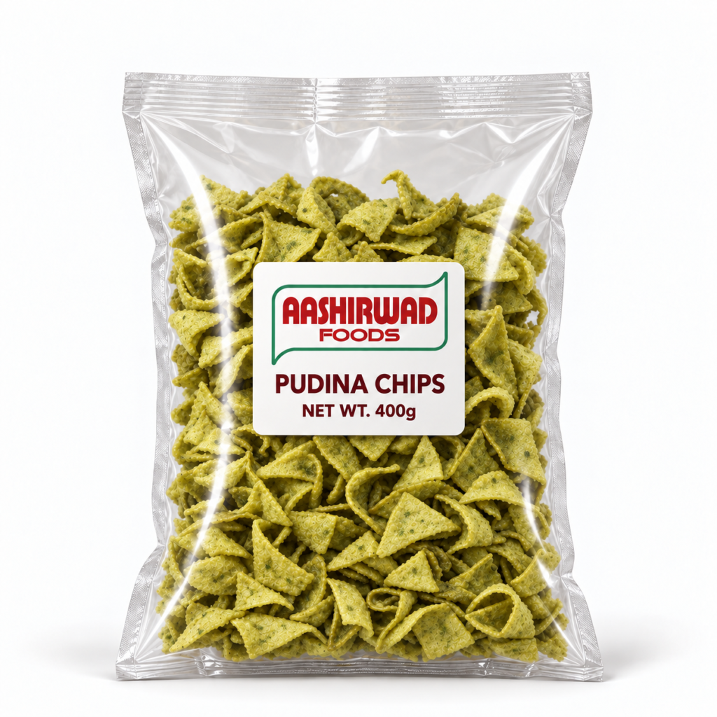Aashirwad Foods Pudina Chips 400g transparent pouch mockup