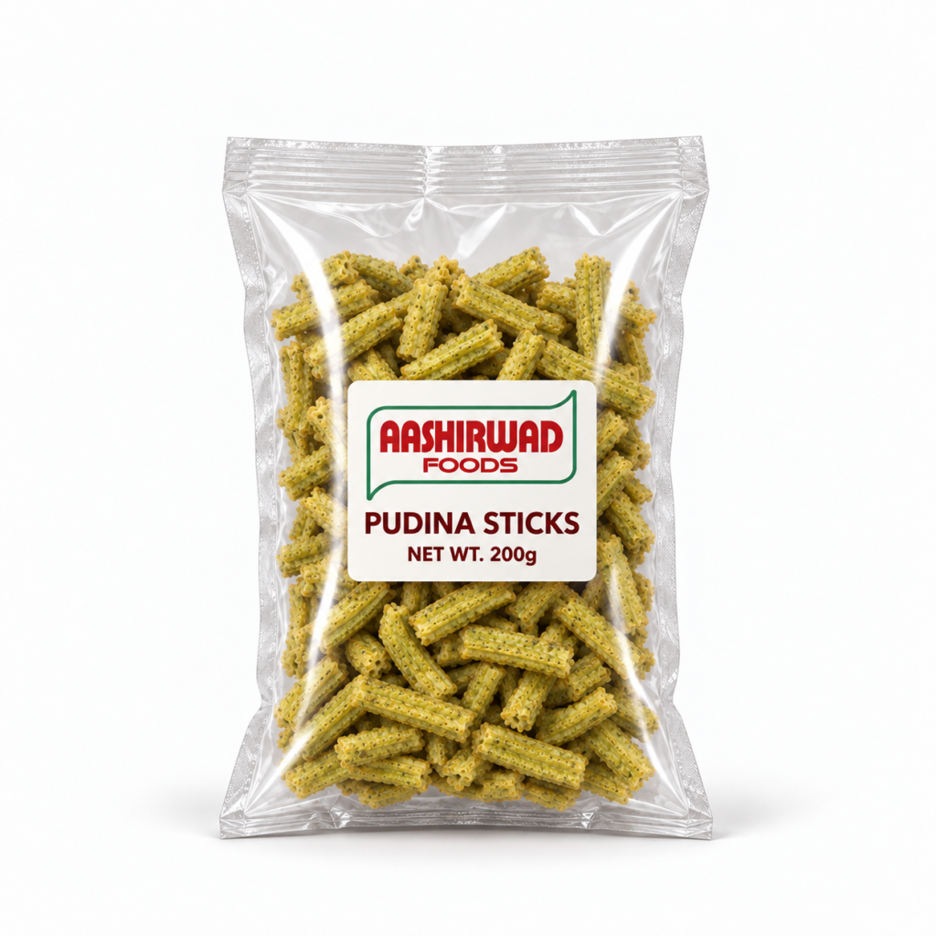 Aashirwad Foods Pudina Sticks 200g transparent pouch mockup