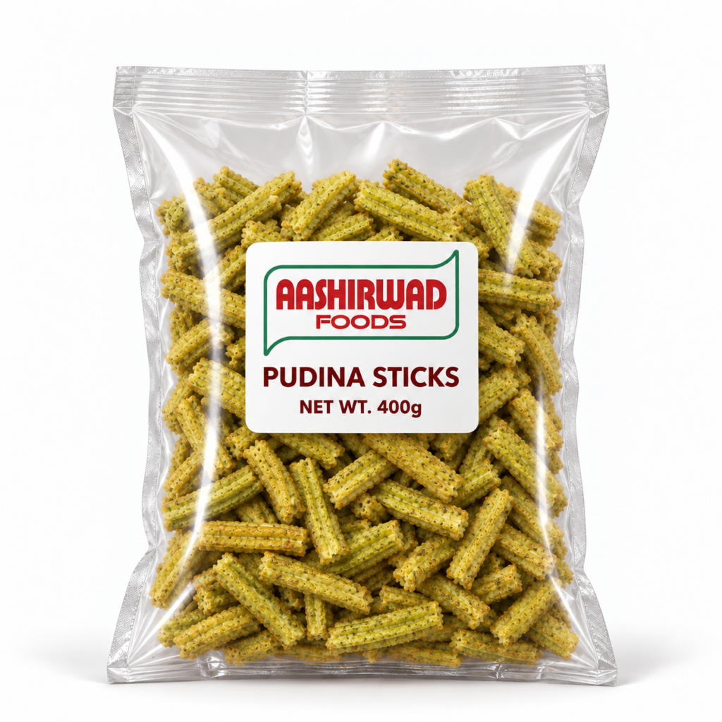 Aashirwad Foods Pudina Sticks 400g transparent pouch mockup