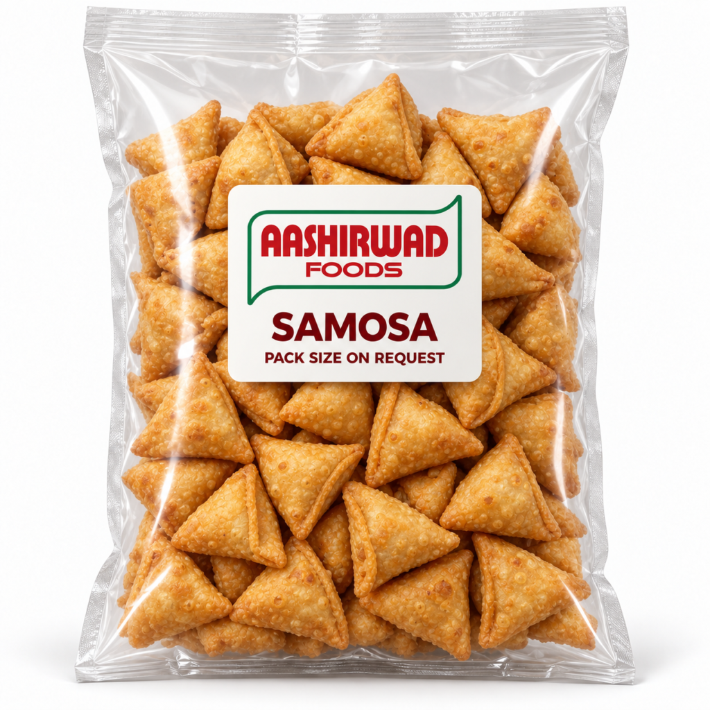Aashirwad Foods Samosa Pack size on request transparent pouch mockup