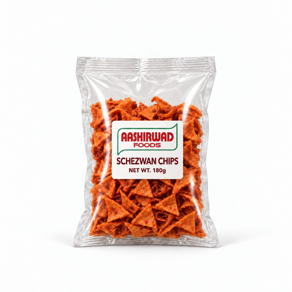 Aashirwad Foods Schezwan Chips 180g transparent pouch mockup